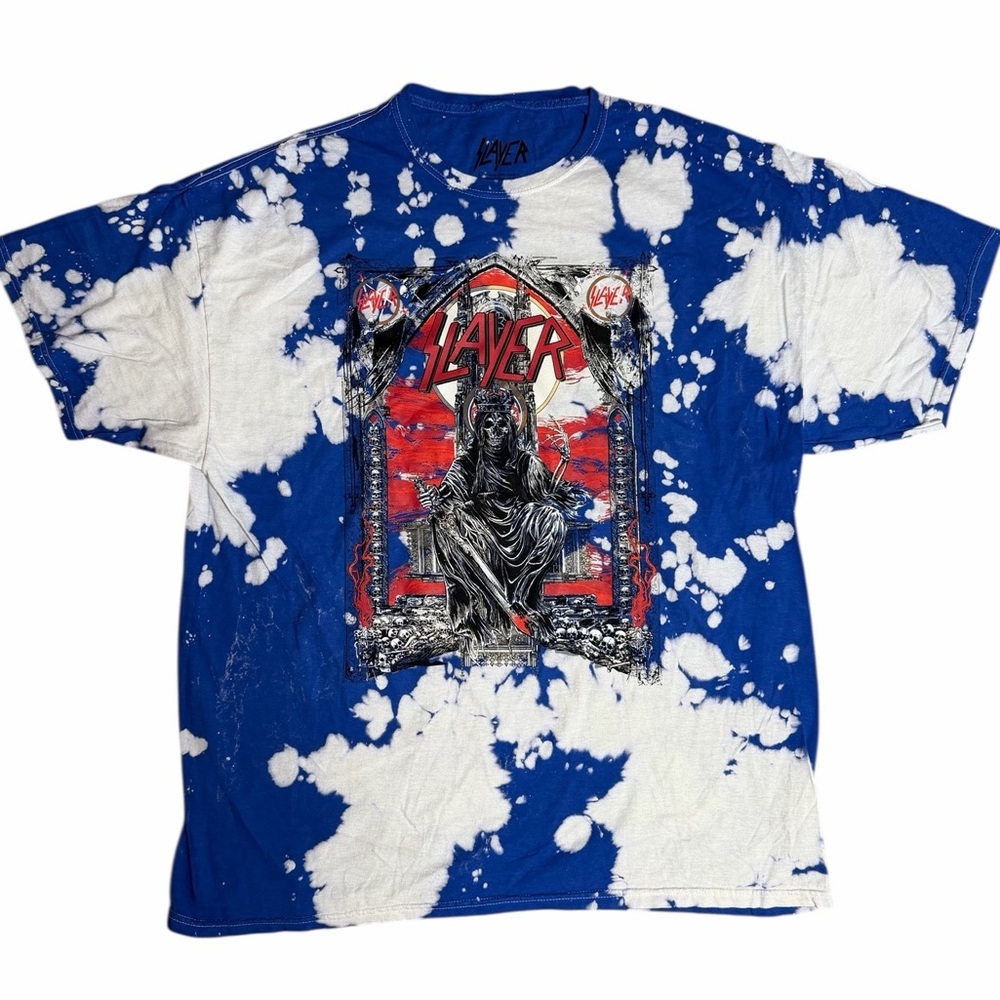 Slayer Graphic T-Shirt XL Unisex Blue Bleach Dye Heavy Metal Band Tee